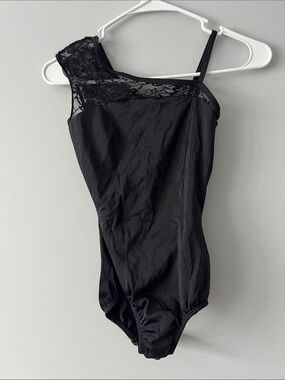 Black Lace-Accent One Shoulder Women's Bodysuit/leotard